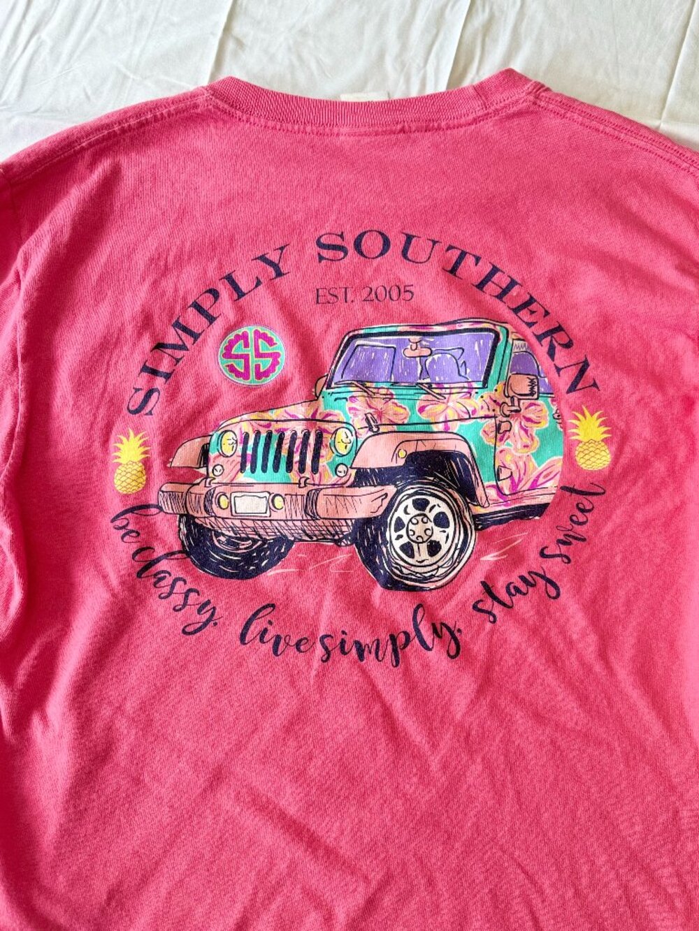 Simply Southern Jeep Floral Graphic Tee Preppy Coastal Pink Medium LS 3897